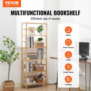 6-Tier Bamboo Shelf, Open Wood Bookshelf, Display Storage Rack Organizer, Freestanding Flower Plant Stand, Multifunctional Bamboo Bookshelf Ideal for Bathroom, Bedroom, Office, Study, Natural