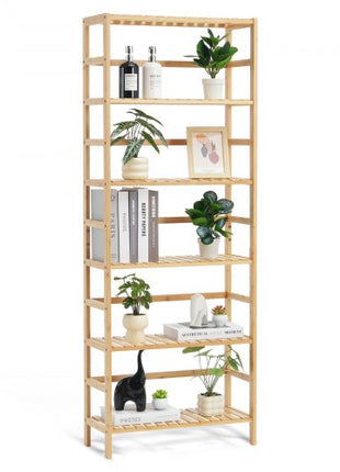 6-Tier Bamboo Shelf, Open Wood Bookshelf, Display Storage Rack Organizer, Freestanding Flower Plant Stand, Multifunctional Bamboo Bookshelf Ideal for Bathroom, Bedroom, Office, Study, Natural