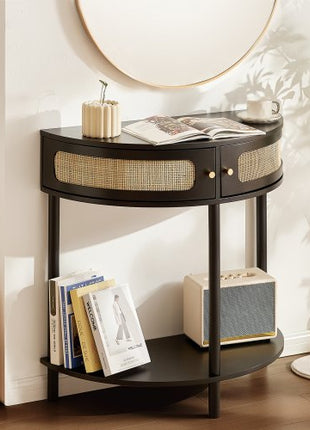 Half-moon Rattan Console Table with 2 Drawers, Rattan Entryway Table with Natural Rattan Sliding Door, Console Table with Storage for Living Room, Study, Entryway Or TV Wall, Black