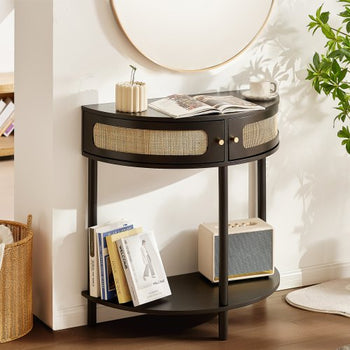 Half-moon Rattan Console Table with 2 Drawers, Rattan Entryway Table with Natural Rattan Sliding Door, Console Table with Storage for Living Room, Study, Entryway Or TV Wall, Black
