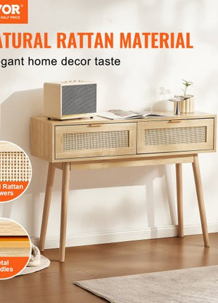 Rattan Console Table with 2 Storage Drawers, Rattan Entryway Table with Natural Rattan Sliding Door, Console Sofa Table for Living Room, Study, Entryway Or TV Wall, Natural