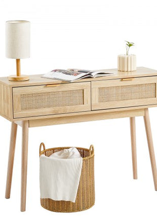 Rattan Console Table with 2 Storage Drawers, Rattan Entryway Table with Natural Rattan Sliding Door, Console Sofa Table for Living Room, Study, Entryway Or TV Wall, Natural
