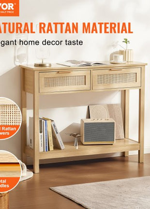 Rattan Console Table with 2 Storage Drawers, Rattan Entryway Table with Natural Rattan Sliding Door, Console Sofa Table for Living Room, Study, Entryway Or TV Wall, Natural