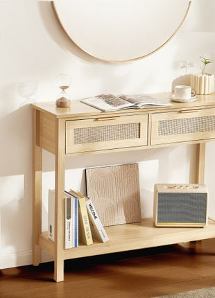 Rattan Console Table with 2 Storage Drawers, Rattan Entryway Table with Natural Rattan Sliding Door, Console Sofa Table for Living Room, Study, Entryway Or TV Wall, Natural