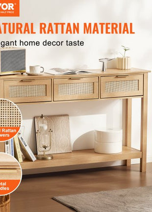 Rattan Console Table with 3 Storage Drawers, Rattan Entryway Table with Natural Rattan Sliding Door, Console Sofa Table for Living Room, Study, Entryway Or TV Wall, Natural
