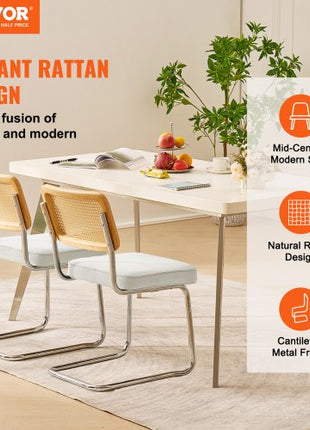 Rattan Dining Chairs Set of 2, Mid Century Modern Dining Chair, Upholstered Velvet Accent Chair with Rattan Back, Retro Dining Room Kitchen Chair for Living Room, Bedroom, Office (18.1 Inch)