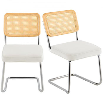 Rattan Dining Chairs Set of 2, Mid Century Modern Dining Chair, Upholstered Velvet Accent Chair with Rattan Back, Retro Dining Room Kitchen Chair for Living Room, Bedroom, Office (18.1 Inch)