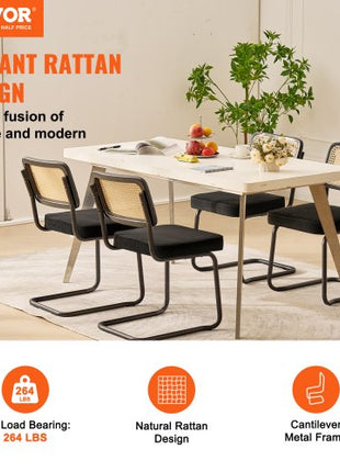 Rattan Dining Chairs Set of 4, Mid Century Modern Dining Chair, Upholstered Velvet Accent Chair with Rattan Back, Retro Dining Room Kitchen Chair for Living Room, Bedroom, Office (18.1 Inch)