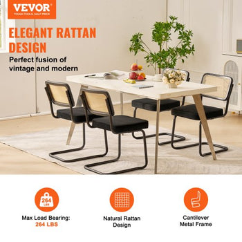 Rattan Dining Chairs Set of 4, Mid Century Modern Dining Chair, Upholstered Velvet Accent Chair with Rattan Back, Retro Dining Room Kitchen Chair for Living Room, Bedroom, Office (18.1 Inch)