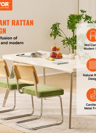 Rattan Dining Chairs Set of 2, Mid Century Modern Dining Chair, Upholstered Velvet Accent Chair with Rattan Back, Retro Dining Room Kitchen Chair for Living Room, Bedroom, Office (18.1 Inch)