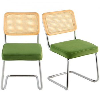 Rattan Dining Chairs Set of 2, Mid Century Modern Dining Chair, Upholstered Velvet Accent Chair with Rattan Back, Retro Dining Room Kitchen Chair for Living Room, Bedroom, Office (18.1 Inch)