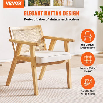 Mid Century Modern Rattan Chair, Upholstered Velvet Accent Chair with Rattan Back, Retro Living Room Chair for Living Room, Bedroom, Reading Room, and Office, Beige