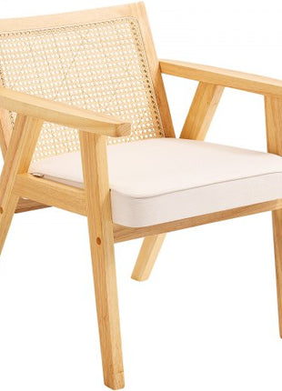 Mid Century Modern Rattan Chair, Upholstered Velvet Accent Chair with Rattan Back, Retro Living Room Chair for Living Room, Bedroom, Reading Room, and Office, Beige
