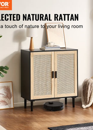 Rattan Cabinet, Rattan Storage Cabinet with 2 Magnetic Doors and Adjustable Shelves, Sideboard Buffet Cabinet for Hallway, Entryway, Living Room, or Kitchen, Black