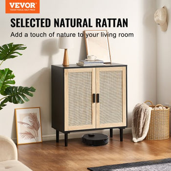 Rattan Cabinet, Rattan Storage Cabinet with 2 Magnetic Doors and Adjustable Shelves, Sideboard Buffet Cabinet for Hallway, Entryway, Living Room, or Kitchen, Black