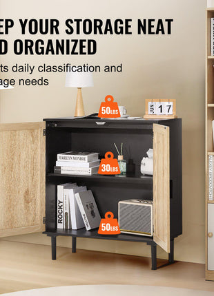 Rattan Cabinet, Rattan Storage Cabinet with 2 Magnetic Doors and Adjustable Shelves, Sideboard Buffet Cabinet for Hallway, Entryway, Living Room, or Kitchen, Black