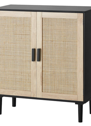 Rattan Cabinet, Rattan Storage Cabinet with 2 Magnetic Doors and Adjustable Shelves, Sideboard Buffet Cabinet for Hallway, Entryway, Living Room, or Kitchen, Black