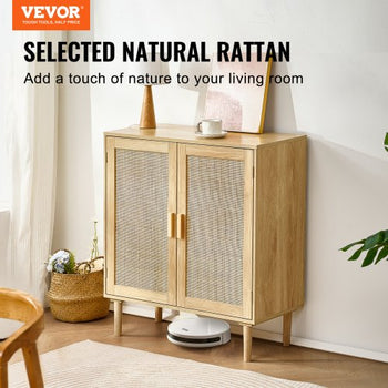 Rattan Cabinet, Rattan Storage Cabinet with 2 Magnetic Doors and Adjustable Shelves, Sideboard Buffet Cabinet for Hallway, Entryway, Living Room, or Kitchen, Natural