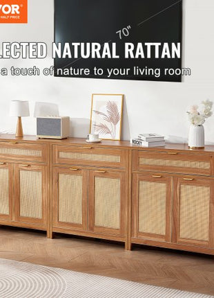 Rattan Cabinet, Set of 3, Rattan Storage Cabinet with 6 Magnetic Doors and 3 Drawers, Sideboard Buffet Cabinet with Adjustable Shelves, for Hallway, Entryway, Living Room, or Kitchen, Natural