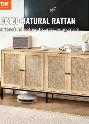 Rattan Cabinet, Rattan Storage Cabinet with 4 Magnetic Doors and Adjustable Shelves, Sideboard Buffet Cabinet for Hallway, Entryway, Living Room, or Kitchen, Natural