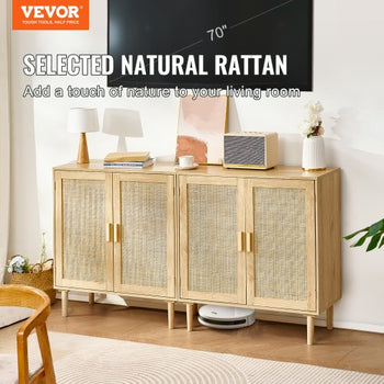 Rattan Cabinet, Set of 2, Rattan Storage Cabinet with 4 Magnetic Doors and Adjustable Shelves, Sideboard Buffet Cabinet for Hallway, Entryway, Living Room, or Kitchen, Natural
