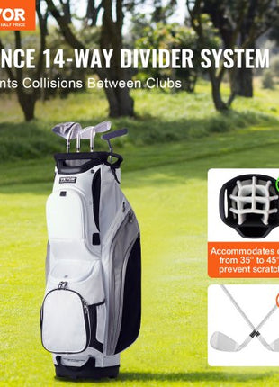 Golf Cart Bag with 14 Way Organizer Divider Top, 36 13 Pockets Premium Nylon Cart Bag, Durable Golf Bags with Handles & Dust Cover & Detachable Straps for Men & Women, White Color-Block