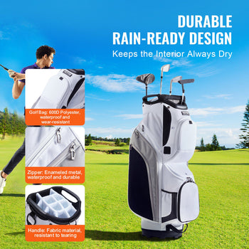 Golf Cart Bag with 14 Way Organizer Divider Top, 36” 13 Pockets Premium Nylon Cart Bag, Durable Golf Bags with Handles & Dust Cover & Detachable Straps for Men & Women, White Color-Block