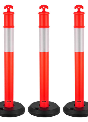 3 Pack Traffic Delineator Posts, 48 inches Traffic Safety Cones with Fillable Base and Reflective Strips, Heavy Duty Delineator Posts for Construction Site, Parking Lot, Crowd Control, Red