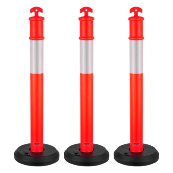 3 Pack Traffic Delineator Posts, 48 inches Traffic Safety Cones with Fillable Base and Reflective Strips, Heavy Duty Delineator Posts for Construction Site, Parking Lot, Crowd Control, Red