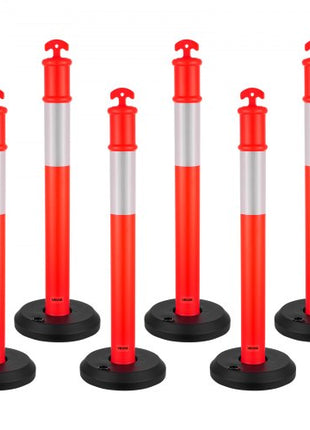 6 Pack Traffic Delineator Posts, 48 inches Traffic Safety Cones with Fillable Base and Reflective Strips, Heavy Duty Delineator Posts for Construction Site, Parking Lot, Crowd Control, Red