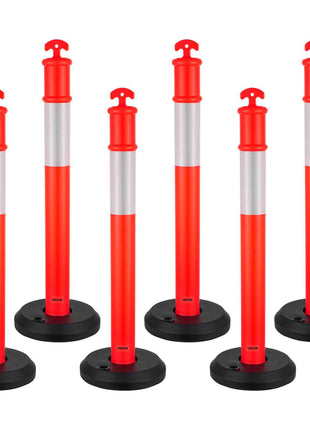 6 Pack Traffic Delineator Posts, 48 inches Traffic Safety Cones with Fillable Base and Reflective Strips, Heavy Duty Delineator Posts for Construction Site, Parking Lot, Crowd Control, Red