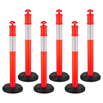 6 Pack Traffic Delineator Posts, 48 inches Traffic Safety Cones with Fillable Base and Reflective Strips, Heavy Duty Delineator Posts for Construction Site, Parking Lot, Crowd Control, Red