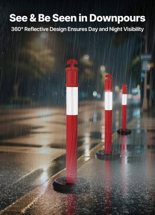 9 Pack Traffic Delineator Posts, 48 inches Traffic Safety Cones with Fillable Base and Reflective Strips, Heavy Duty Delineator Posts for Construction Site, Parking Lot, Crowd Control, Red