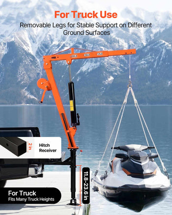 Truck Crane, 500 lbs Pickup Hitch Crane Trailer Hitch Mounted with Manual Winch & Hydraulic Jack, 360° Rotating Telescopic Boom, Foldable Truck Bed Jib Hoist for Machine Lumber Equipment Lifting