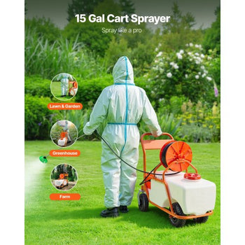 Battery Powered Lawn Sprayer on Wheel, 0-90 PSI Adjustable Pressure, 15 Gallon Tank, Cart Sprayer with 8 Nozzles and 2 Wands, 12V 12Ah Battery, Wide Mouth Lid for Weeding, Spraying