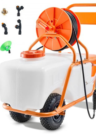 Battery Powered Lawn Sprayer on Wheel, 0-90 PSI Adjustable Pressure, 15 Gallon Tank, Cart Sprayer with 8 Nozzles and 2 Wands, 12V 12Ah Battery, Wide Mouth Lid for Weeding, Spraying