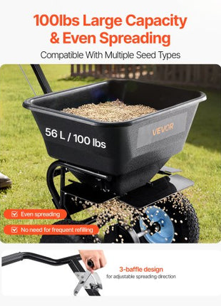 Lawn Spreader, 100LBS Capacity, Walk-Behind Push Spreader, 0-9.8ft Spreading Width, 13 in All Terrain Pneumatic Tires, Fertilizer Spreaders with Hopper Grate, for Seed Salt Ice Melt