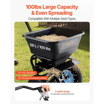 Lawn Spreader, 100LBS Capacity, Walk-Behind Push Spreader, 0-9.8ft Spreading Width, 13 in All Terrain Pneumatic Tires, Fertilizer Spreaders with Hopper Grate, for Seed Salt Ice Melt