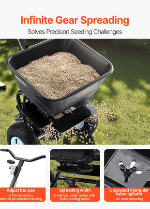 Lawn Spreader, 100LBS Capacity, Walk-Behind Push Spreader, 0-9.8ft Spreading Width, 13 in All Terrain Pneumatic Tires, Fertilizer Spreaders with Hopper Grate, for Seed Salt Ice Melt