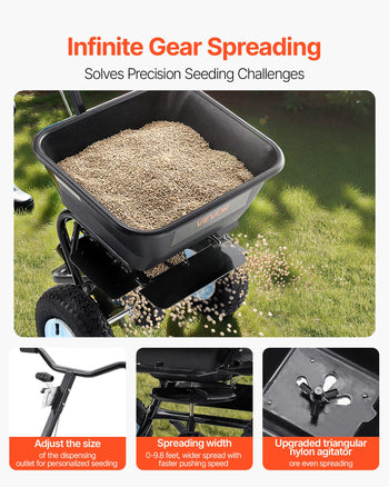 Lawn Spreader, 100LBS Capacity, Walk-Behind Push Spreader, 0-9.8ft Spreading Width, 13 in All Terrain Pneumatic Tires, Fertilizer Spreaders with Hopper Grate, for Seed Salt Ice Melt