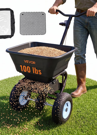 Lawn Spreader, 100LBS Capacity, Walk-Behind Push Spreader, 0-9.8ft Spreading Width, 13 in All Terrain Pneumatic Tires, Fertilizer Spreaders with Hopper Grate, for Seed Salt Ice Melt