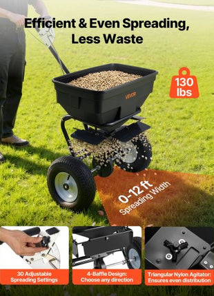 Walk-Behind Spreader, 12ft Spreading Width, Push Broadcast Spreader with 13" All-Terrain Tires, Adjustable Flow Control, 130lbs Capacity Hopper, Lawn Spreaders for Fertilizer Seed Ice Melt