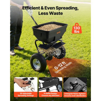 Walk-Behind Spreader, 12ft Spreading Width, Push Broadcast Spreader with 13" All-Terrain Tires, Adjustable Flow Control, 130lbs Capacity Hopper, Lawn Spreaders for Fertilizer Seed Ice Melt