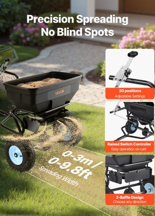 Tow Behind Broadcast Spreader, 130LBS Capacity, Tow/Push Garden Spreader with 13 in Tires, 30 Adjustable Setting & 9.8 ft Spreading Width, Lawn Spreaders for Seed, Fertilizer, Salt, Ice Melt