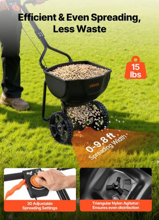 Walk-Behind Spreader, 9.8ft Spreading Width, Push Broadcast Spreader with 10" All-Terrain Tires, Adjustable Flow Control, 15lbs Capacity Hopper, Lawn Spreaders for Fertilizer Seed Small Home Use