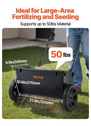 Walk-Behind Push Spreader, 50LBS Capacity, Drop Spreader with Hopper Grate, 18 in Spreading Width & 30 Settings, 10 in All Terrain Tires, Garden & Lawn Spreaders for Seed, Fertilizer, Salt