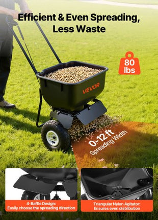 Push Lawn Spreader, 12ft Spreading Width, Broadcast Spreader with 80lbs Load Capacity & 10 in All-Terrain Tires, Walk-Behind Garden & Lawn Broadcast Spreaders for Seed Fertilizer, Salt Ice Melt