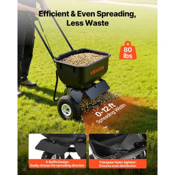 Push Lawn Spreader, 12ft Spreading Width, Broadcast Spreader with 80lbs Load Capacity & 10 in All-Terrain Tires, Walk-Behind Garden & Lawn Broadcast Spreaders for Seed Fertilizer, Salt Ice Melt