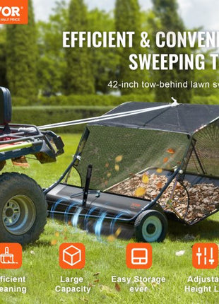 42-inch Lawn Sweeper Tow Behind, 12 cu.ft. Large Pull Behind Grass Sweeper, Heavy Duty Leaf & Grass Collector with Dumping Rope Design, Adjustable Sweeping Height for Picking Up Debris & Grass