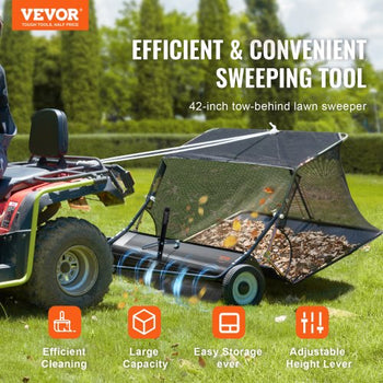 42-inch Lawn Sweeper Tow Behind, 12 cu.ft. Large Pull Behind Grass Sweeper, Heavy Duty Leaf & Grass Collector with Dumping Rope Design, Adjustable Sweeping Height for Picking Up Debris & Grass